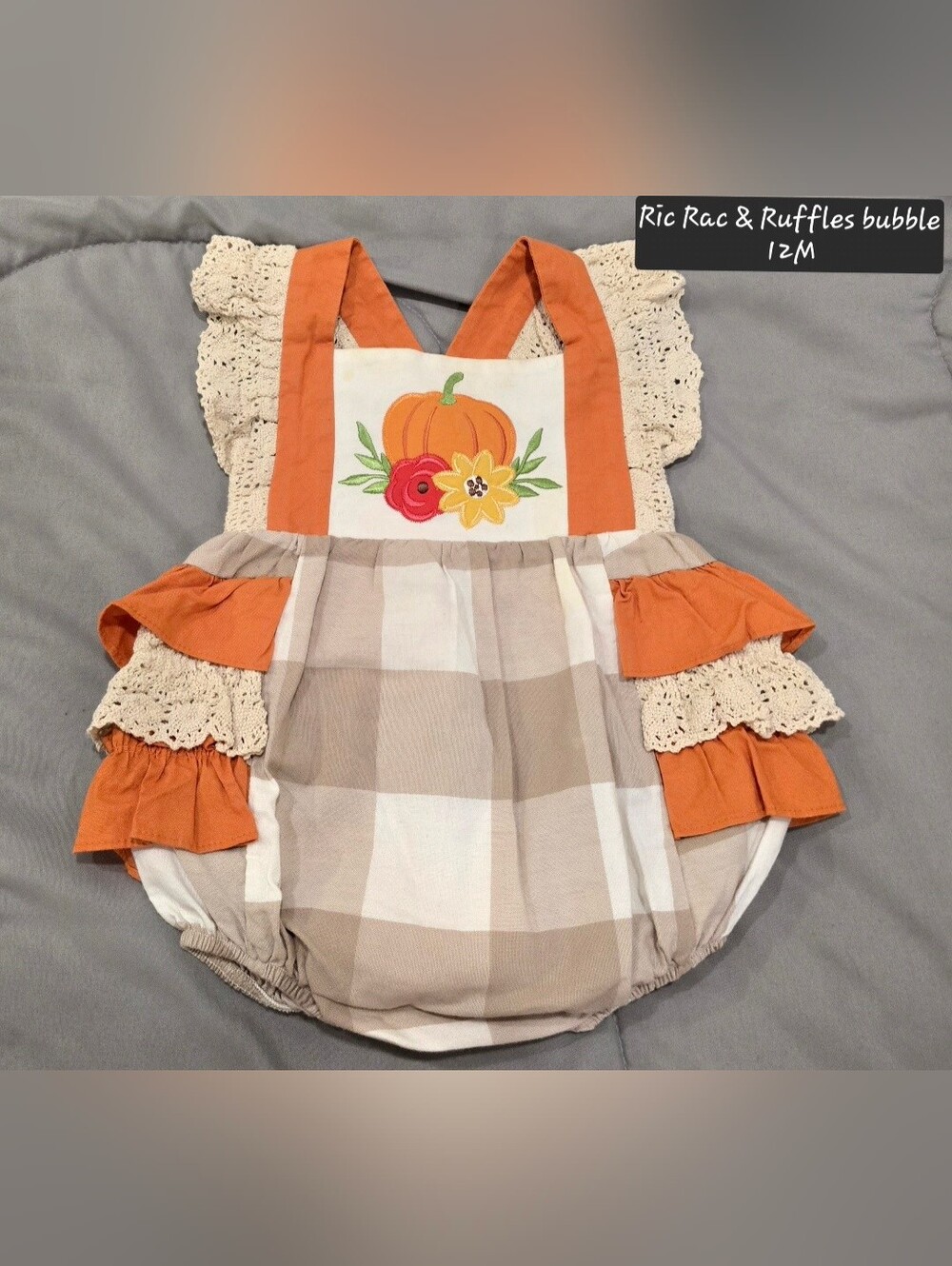 Pumpkin Applique Ruffle Romper - Orange & Beige Plaid
